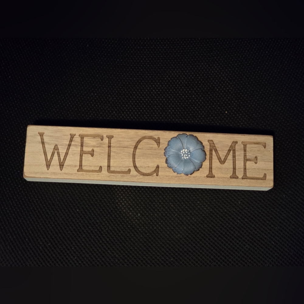 Wooden Block "Welcome" Sign with Blue Flower